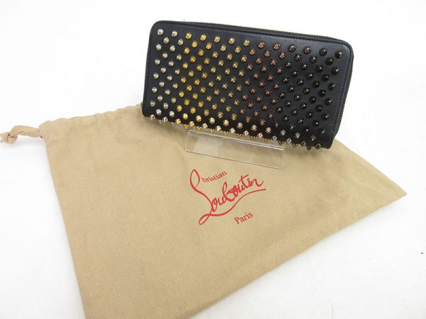 12 Christian Louboutin Spike Studs Panettone Round Zipper Long Wallet Black