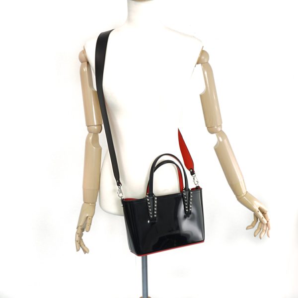 12 Christian Louboutin Tote Shoulder Bag Spike Studs Patent Leather Calfskin Black Red Silver Hardware