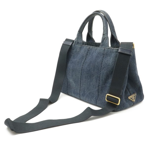 2 Prada Canapa Tote Bag Handbag 2 Way Shoulder Bag Denim Blue Gold Metal Fittings