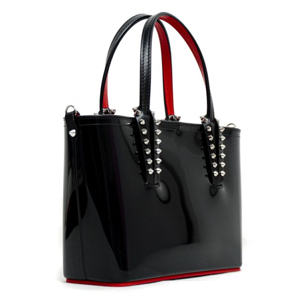 2 Christian Louboutin Tote Shoulder Bag Spike Studs Patent Leather Calfskin Black Red Silver Hardware