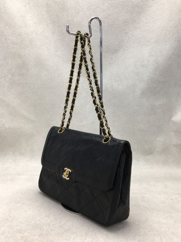 2 Chanel Shoulder Bag Leather BLK Plain Chain Bag Double Flap Matelasse