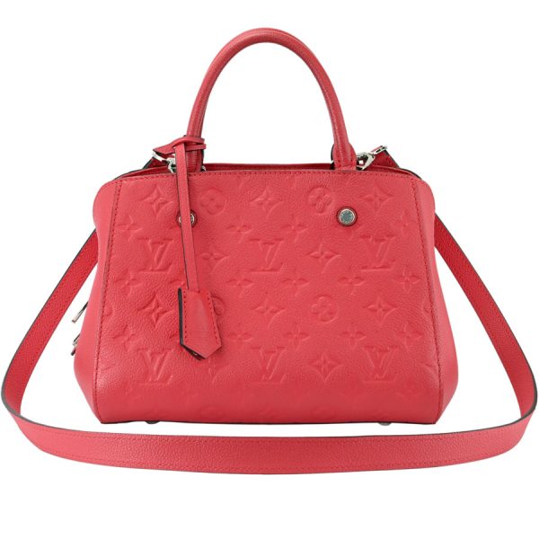 2 Louis Vuitton Montaigne BB Monogram Implant Dahlia Red Leather 2WAY Handbag Shoulder Bag