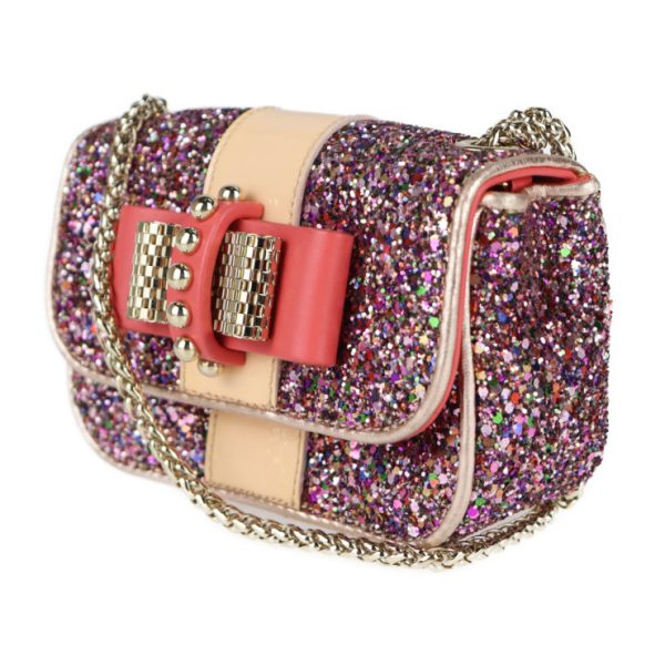 2 Christian Louboutin Sweet Charity Ribbon Shoulder Bag Party Bag Leather Glitter Pink Gold Hardware Multicolor