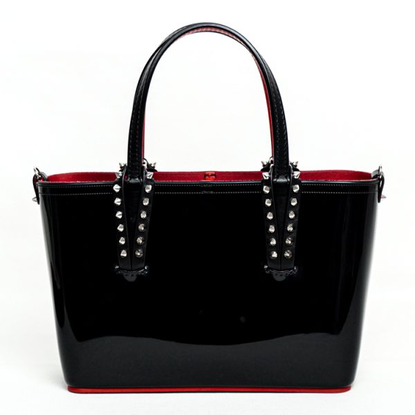 3 Christian Louboutin Tote Shoulder Bag Spike Studs Patent Leather Calfskin Black Red Silver Hardware