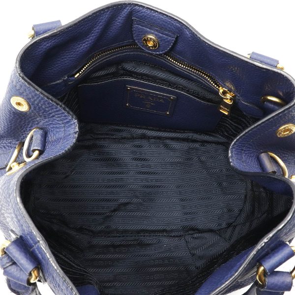 4 Prada Tote Bag 2way Shoulder Bag Leather Navy Blue Gold Hardware