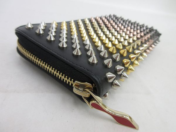 4 Christian Louboutin Spike Studs Panettone Round Zipper Long Wallet Black