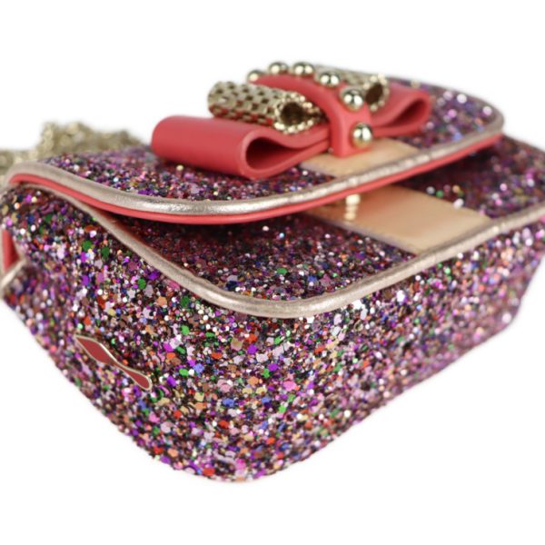 5 Christian Louboutin Sweet Charity Ribbon Shoulder Bag Party Bag Leather Glitter Pink Gold Hardware Multicolor