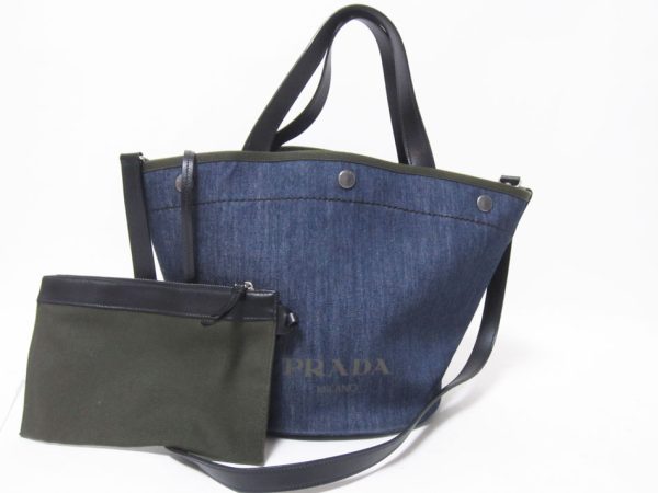 7 Prada Tote Shoulder Bag Pouch Denim Canvas Blue