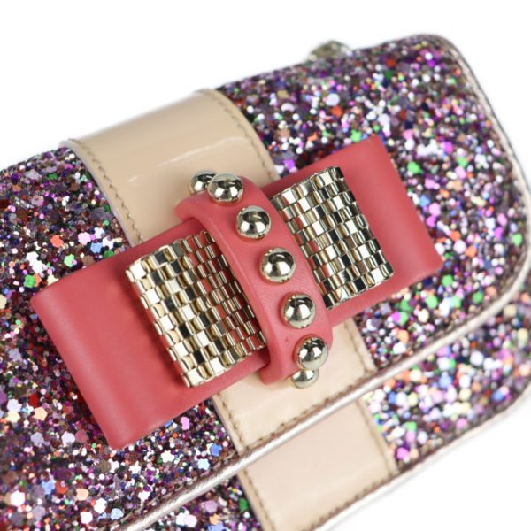 7 Christian Louboutin Sweet Charity Ribbon Shoulder Bag Party Bag Leather Glitter Pink Gold Hardware Multicolor