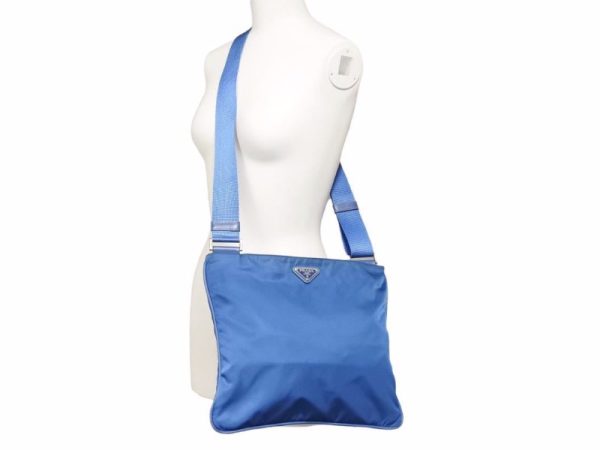 9 Prada Shoulder Bag Logo Plate Diagonal Nylon Blue