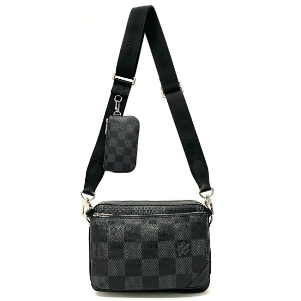 f15723 4 Louis Vuitton Shoulder Bag Trio Messenger Damier Graphite Canvas Leather Pouch Hanging Body Bag