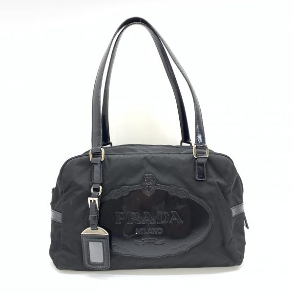 1 Prada Nylon Handbag Enamel Big Logo Black