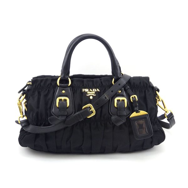 1 Prada Gathered Handbag Tesuto Black Nylon X Leather