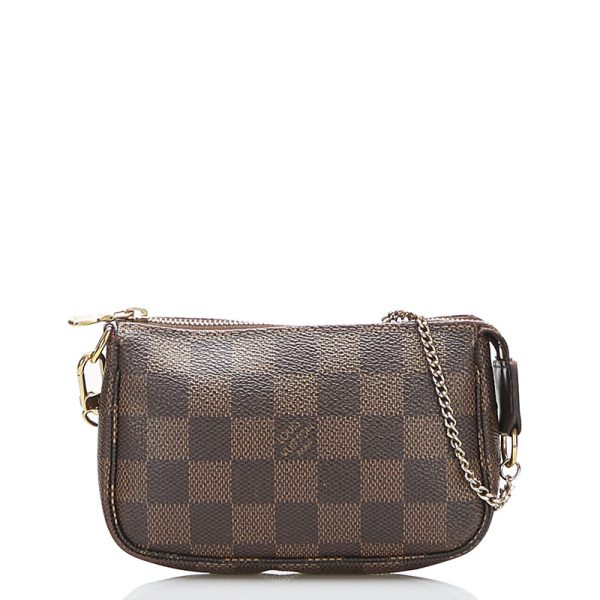 1 Louis Vuitton Damier Mini Pochette Accessoire Pouch Handbag Ebene Brown PVC Leather