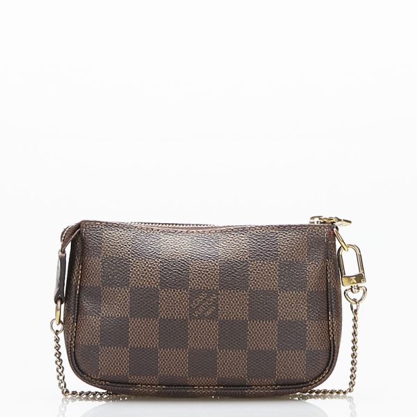 3 Louis Vuitton Damier Mini Pochette Accessoire Pouch Handbag Ebene Brown PVC Leather