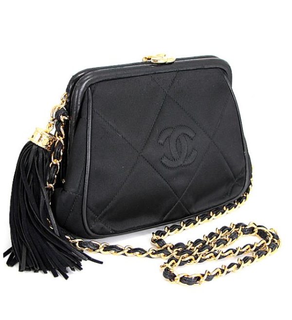 011575 01 Chanel Fringed Clasp Chain Shoulder Bag Satin Black