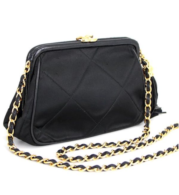 011575 02 Chanel Fringed Clasp Chain Shoulder Bag Satin Black