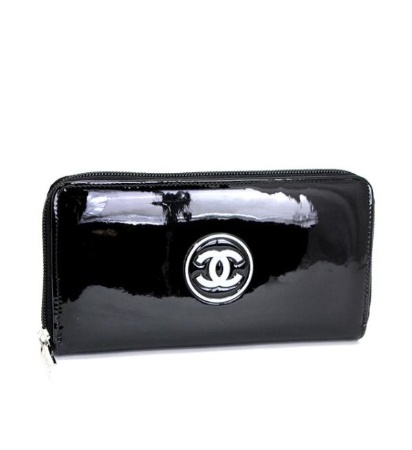 012087 00 1 Chanel Makeup Round Fastener Long Wallet Patent Leather Black