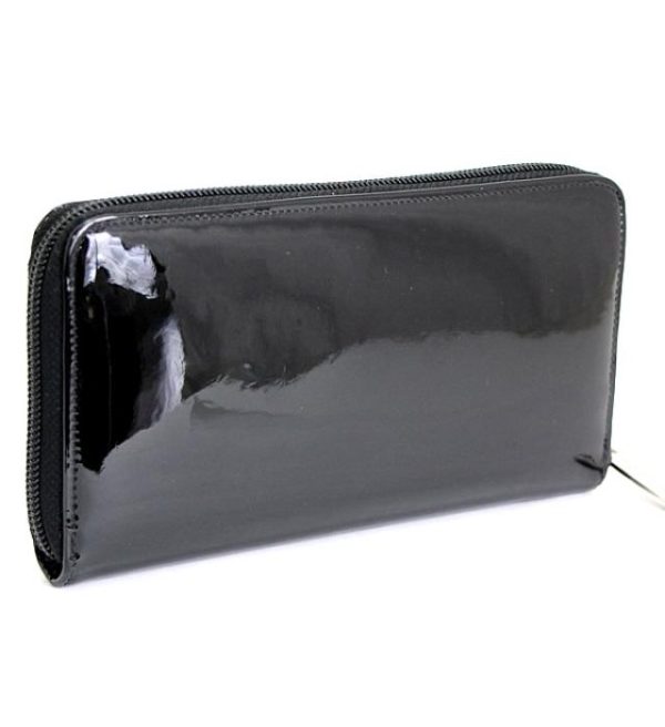 012087 01 Chanel Makeup Round Fastener Long Wallet Patent Leather Black