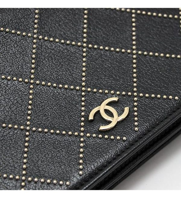 012097 04 Chanel Chain Wallet Studs Black Leather G Metal Fittings