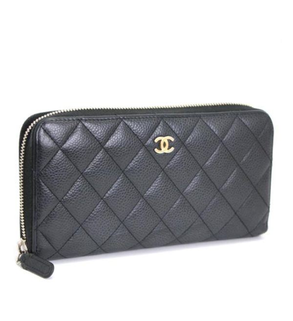 012293 00 1 Chanel Matelasse Round Zipper Long Wallet Caviar Skin Black