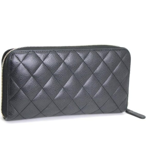 012293 01 Chanel Matelasse Round Zipper Long Wallet Caviar Skin Black