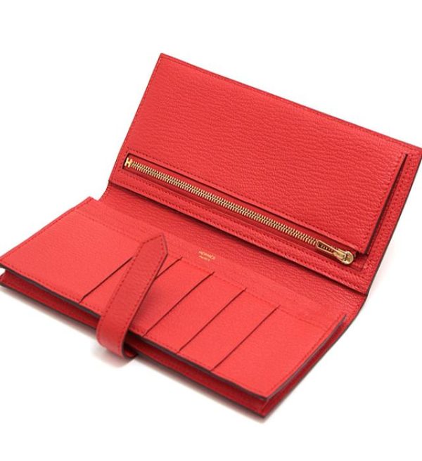 012330 02 Hermes Bian Souffle Chevre Rouge Tomato G Metal Fittings Wallet