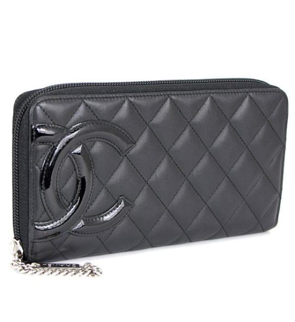 056750 01 Chanel Cambon Round Fastener Long Wallet Black Leather