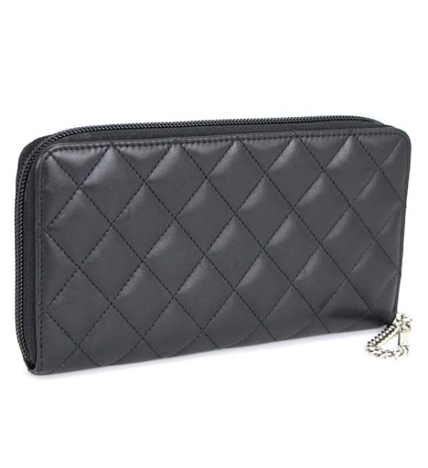 056750 02 Chanel Cambon Round Fastener Long Wallet Black Leather