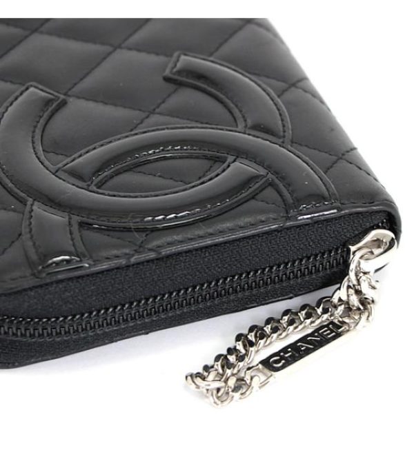 056750 03 Chanel Cambon Round Fastener Long Wallet Black Leather