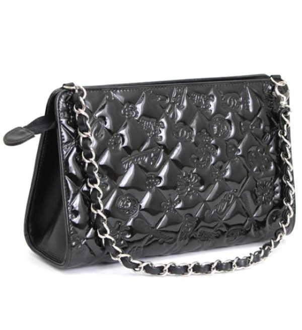 060735 01 Chanel Matelasse Icon Chain Handbag Pouch Patent Black