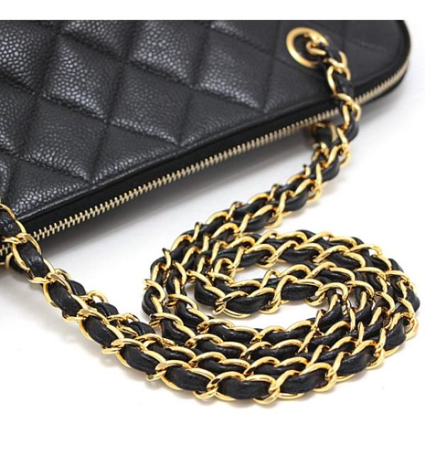 060737 08 Chanel Matelasse Chain Shoulder Hand Bag Caviar Skin Black