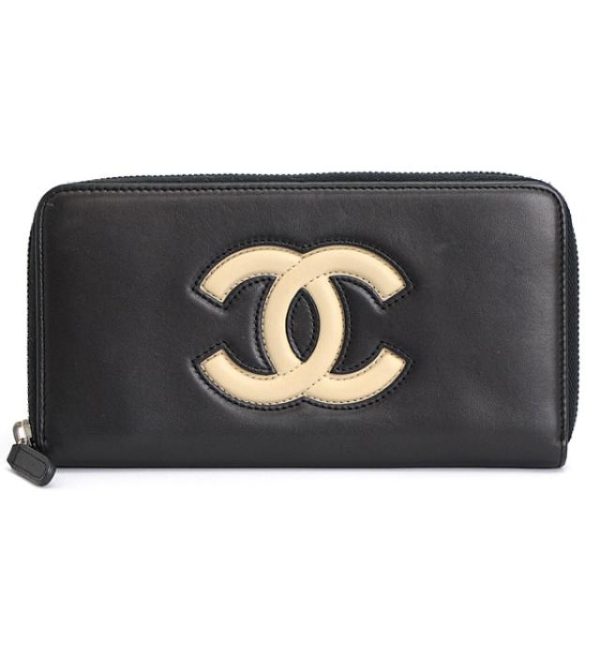 060785 01 Chanel Here Mark Round Fastener Long Wallet Black Leather