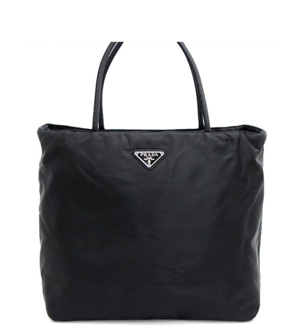 061726 00 1 Prada Triangle Logo Tote Bag Black Leather x Nylon