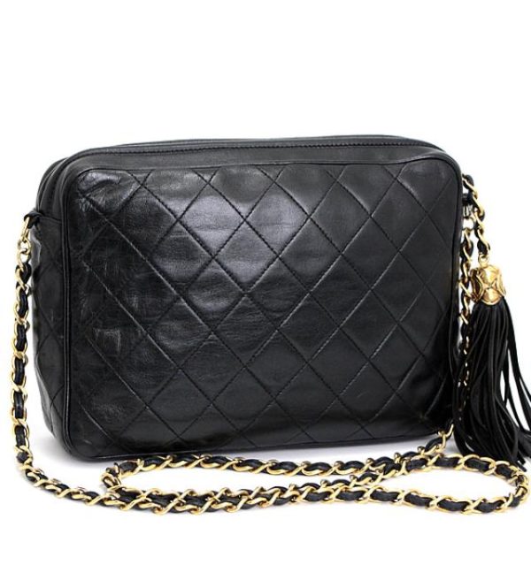 061808 01 Chanel Matelasse Chain Shoulder Bag Fringe Black Leather