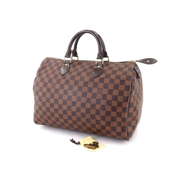 90176735 09 Louis Vuitton Damier Speedy 35 Hand Bag Ebene Brown Gold Metal