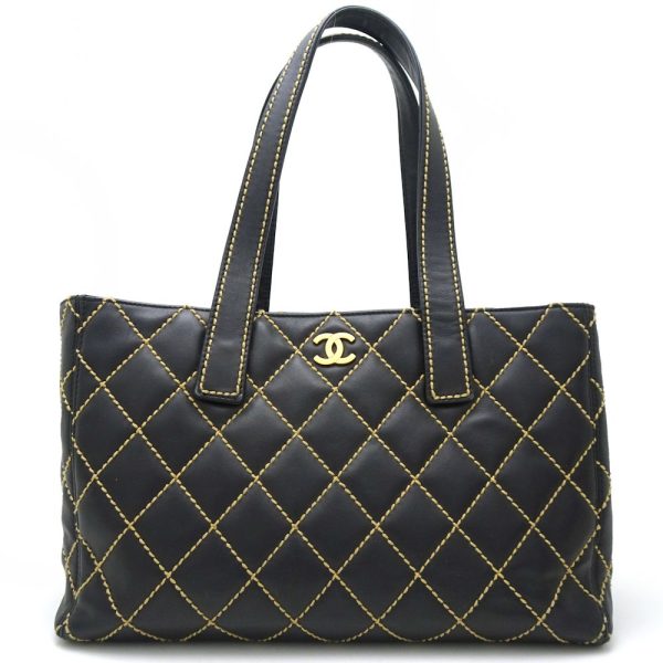 050554 10 Chanel Tote Bag Wild Stitch Calf Black x Gold Metal Fittings