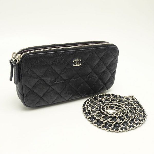 055073 2 Chanel Matelasse Chain Wallet Diagonal Soft Caviar Skin Black