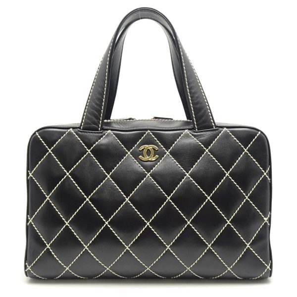 055482 10 Chanel Mini Boston Bag Handbag Wild Stitch Lambskin Black