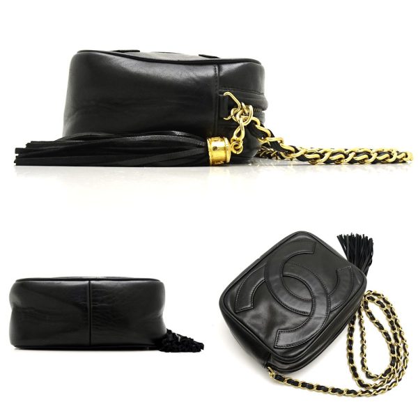 056482 2 Chanel Chain Shoulder Bag Crossbody Leather Black Fringe