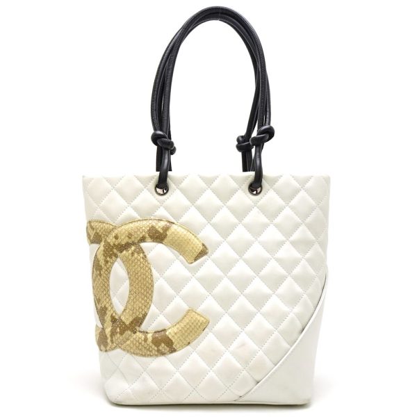 058602 10 Chanel Cambon Line Tote Bag Lambskin Python White