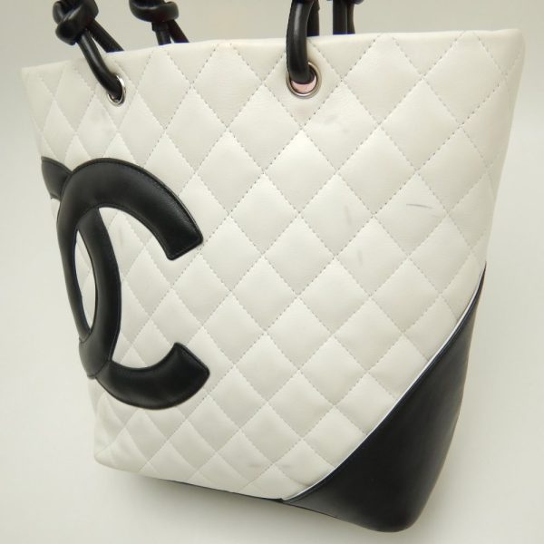 059028 4 Chanel Cambon Line Medium Tote Bag Lambskin White x Black