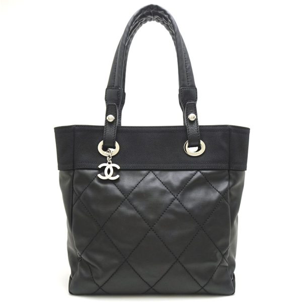 059451 10 Chanel Paris Biarritz Tote PM Canvas x Leather Black