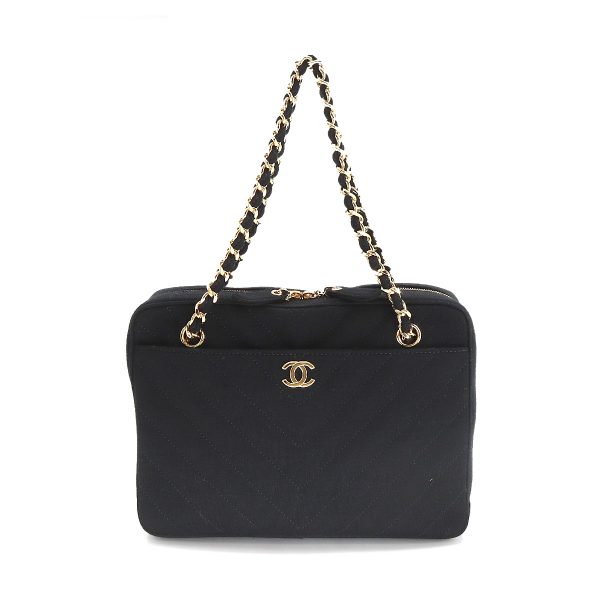 1 Chanel Chevron V stitch Chain Hand Bag Jersey Black Gold Hardware