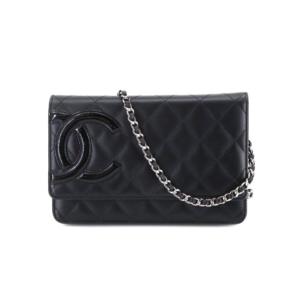 1 Chanel Cambon Line Chain Wallet Bifold Long Wallet Leather Enamel Black Silver Metal Fittings