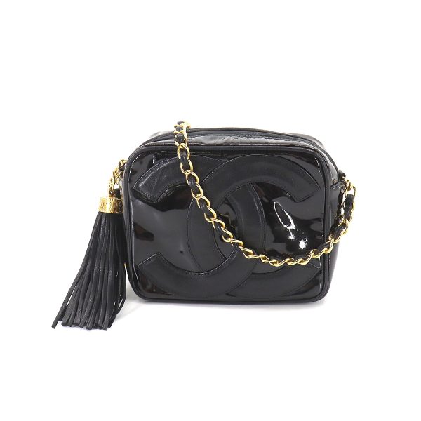 1 Chanel Here Mark Fringe Chain Shoulder Bag Enamel Leather Black Gold Metal Fittings