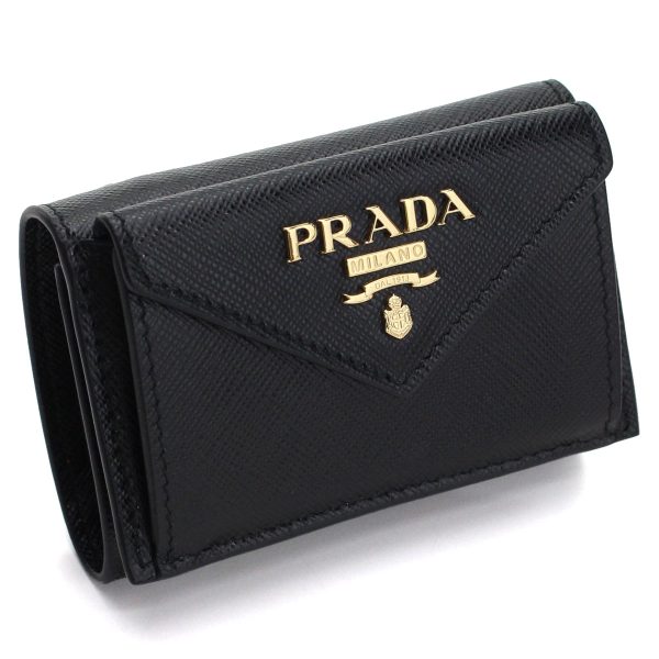 1 Prada Saffiano Metal Tri fold Wallet Mini Wallet Black