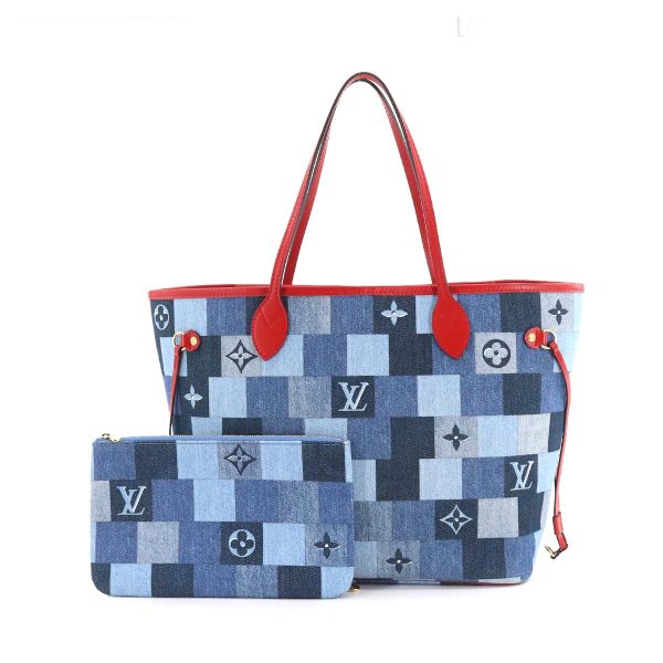 1 Louis Vuitton Denim Monogram Neverfull MM Tote Bag Blue Red