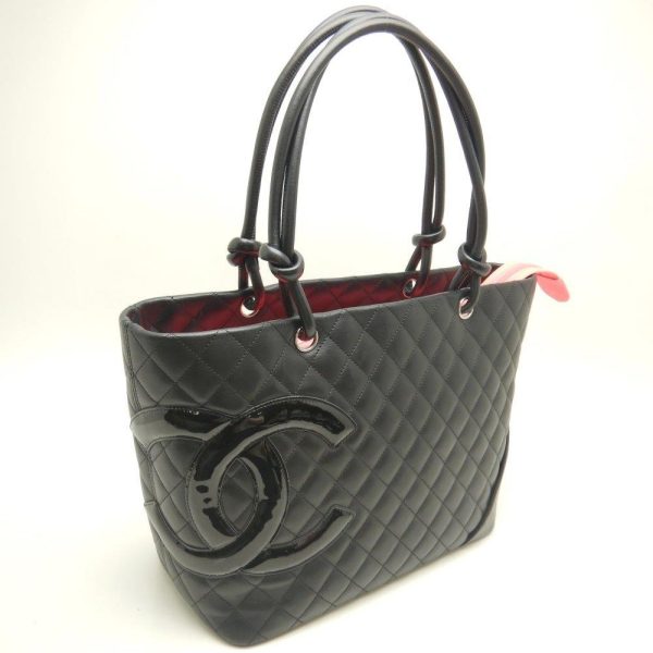 151290 2 Chanel Cambon Line Tote Leather Enamel Black