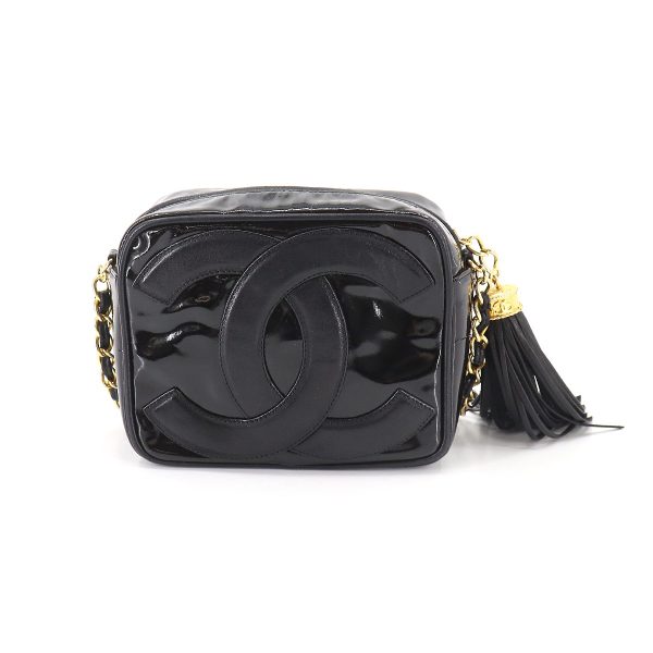 2 Chanel Here Mark Fringe Chain Shoulder Bag Enamel Leather Black Gold Metal Fittings